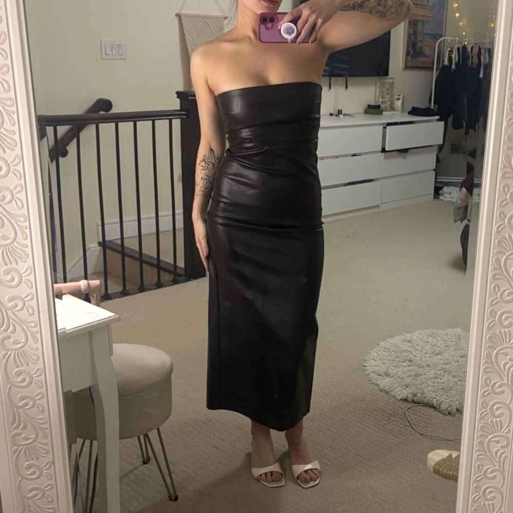 SOLD | Zara | Brown Strapless Leather Dress | Size S